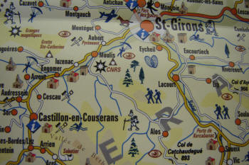 St. Girons is in the upper quadrant of this local map. Castillon-en-Couserans, or home base, is in the lower lef. More than 100 marked hiking trails permeate the foothills in the region.