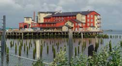 The Pier Hotel in Astoria, Oregon. Many hotels, restaurants, and warehouses are built on piers along the Columbia River.